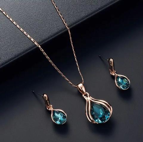 Women's Fashion Blue Crystal Necklace and Earring Set