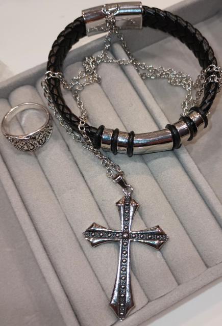 Men's Fashion Jewelry Set-Cross Necklace, Vintage Ring and Black Leather Bracelet